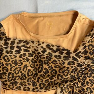 Belle Kim‎ Gravel Womens 1X Tan Leopard Print Chiffon Sleeve Top Blouse